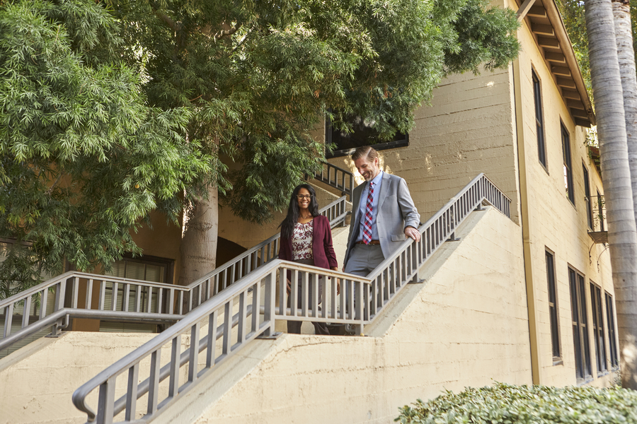 Two professors walking down stairway