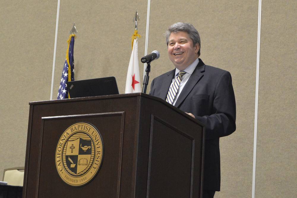 Dr. Ronald L. Ellis, president at California Baptist University,                       speaks at the Collegiate Aviation Conference & Expo hosted by the aviation                       science department at the Riverside Convention Center on Sept. 14. 