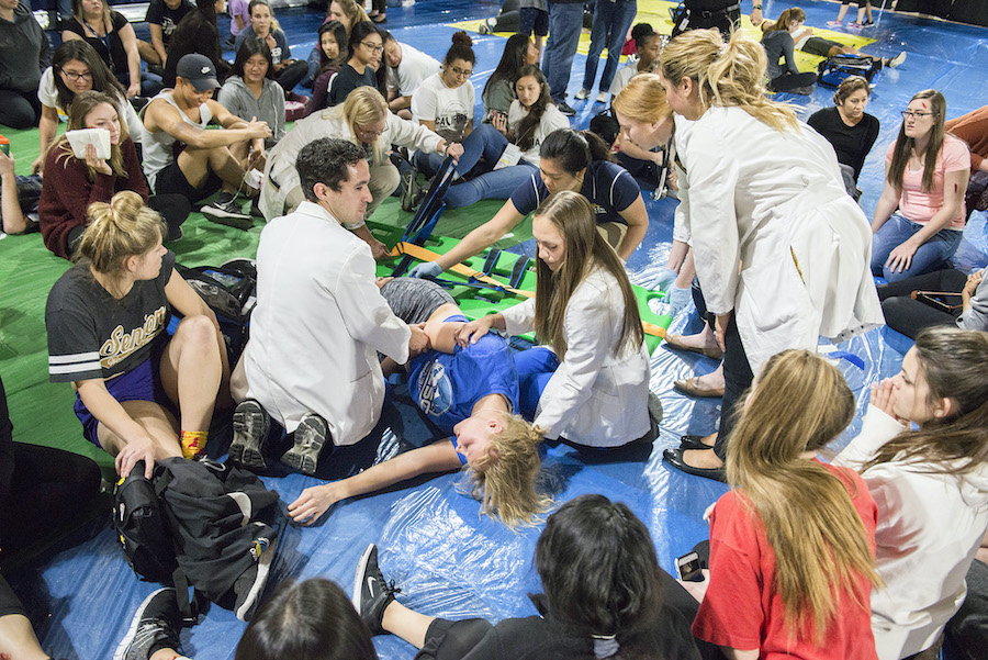 More than 170 graduate students from health-care programs at California Baptist University rushed to the aid of “victims” during interprofessional education disaster simulations held in the Events Center on April 14. 