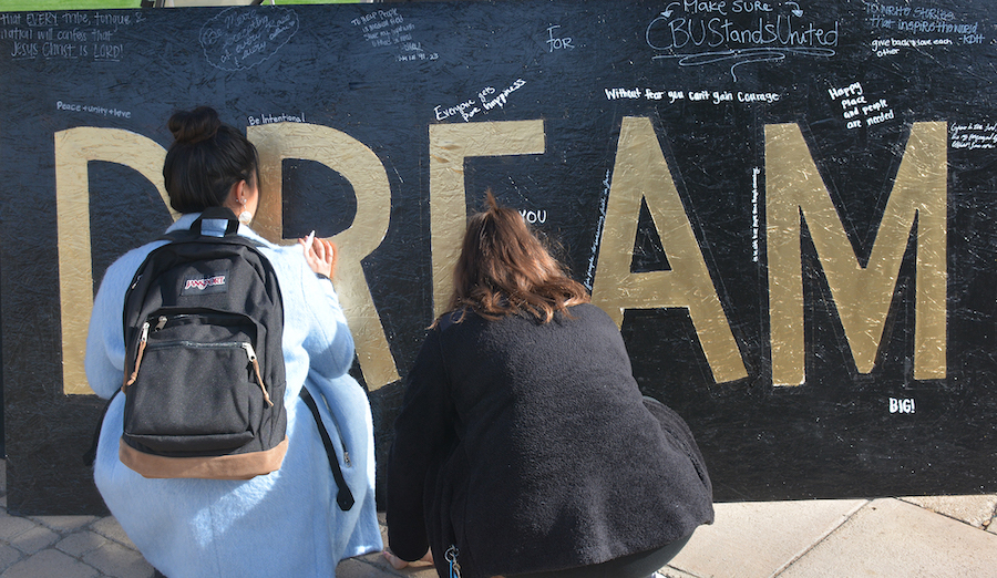 With Martin Luther King Jr.’s historic “I Have a Dream” speech booming in the background, California Baptist University students lined up to write down their dreams on a large display in honor of the late minister and civil rights activist. 