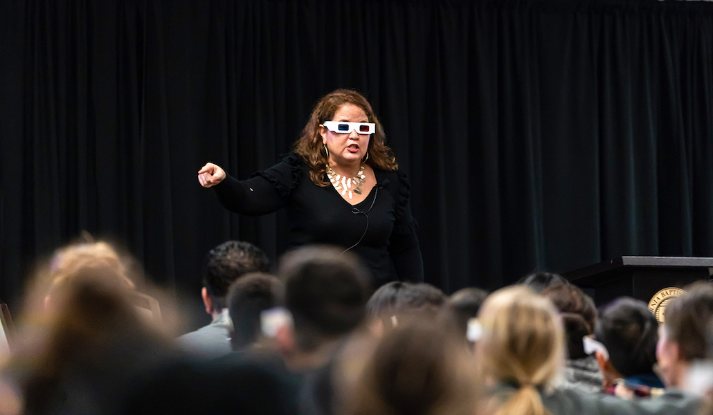 Dr. Jennifer Dickey talking to a California Baptist University audience on Jan. 17. 