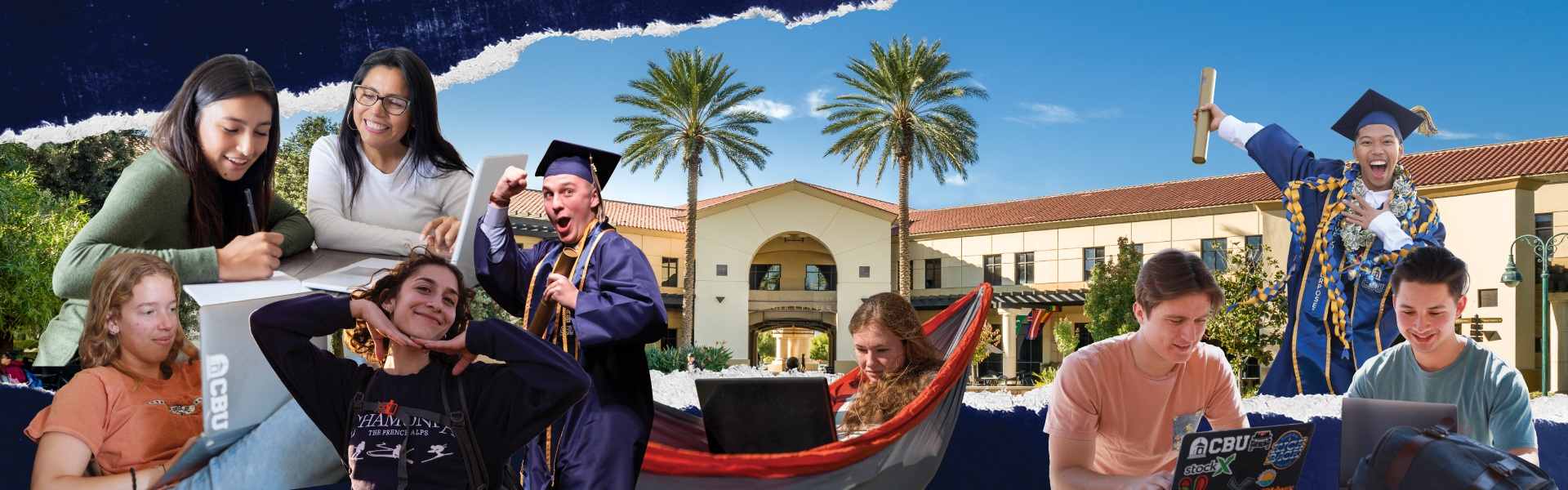 Various alumni and students with a backdrop of the Yeager Center at CBU