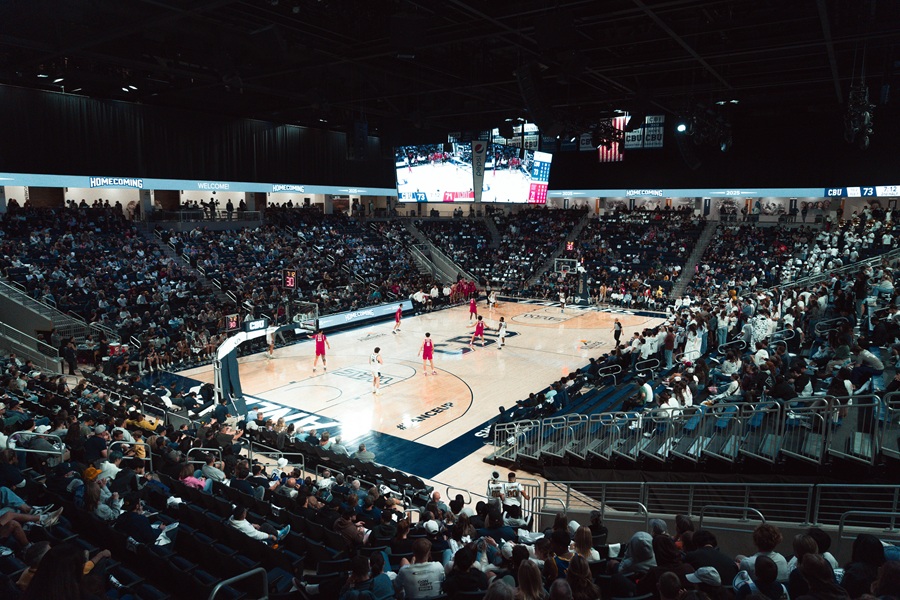 Aerial view of the CBU Basketball Court with a game being played
