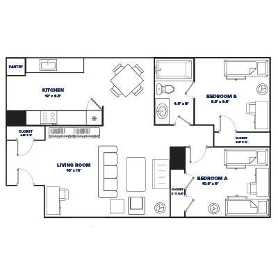 2-bed, 1-bath (Old Eco) floor plan thumbnail