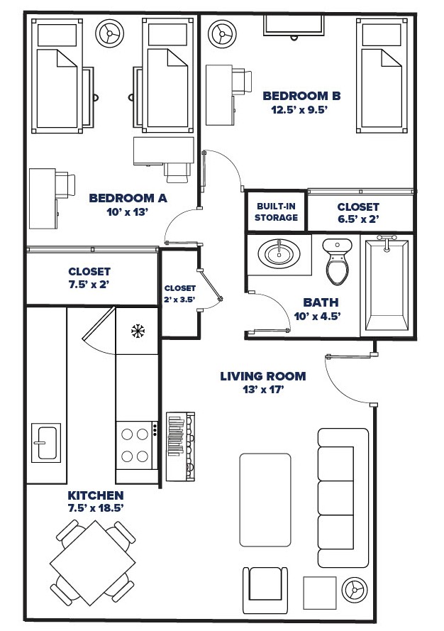 2 Bed, 1 Bath (F Building) (downstairs) floorplan thumbnail
