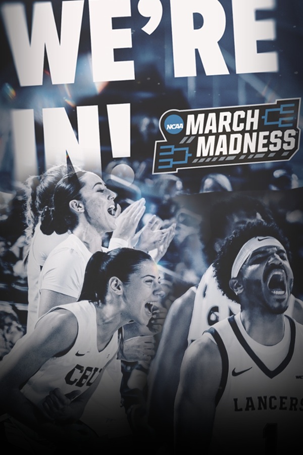 CBU Basketball Team with the words "We're in" and the March Madness logo