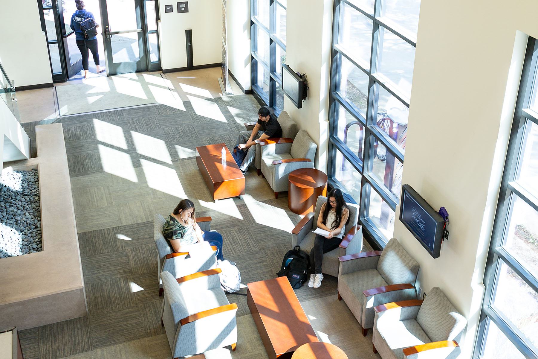 Interior of the lobby of the School of Business building on the CBU campus